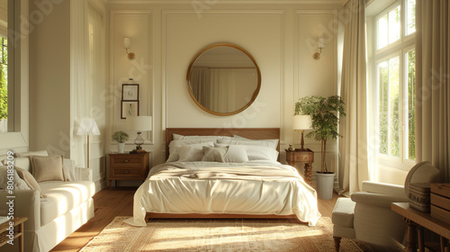 A tranquil bedroom with a neutral color scheme and a single, large wall mirror. © Laraib