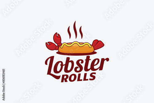 lobster rolls logo with a combination of hotdog bun, lobster claws and tail, and beautiful lettering. This logo is suitable for restaurants, cafes, food trucks, etc.