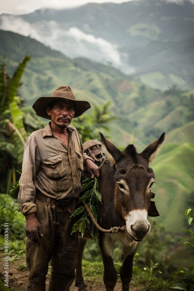 Fototapeta premium A young Colombian farmer, stands beside his mule laden with coffee beans 