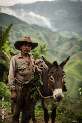 A young Colombian farmer  stands beside his mule laden with coffee beans 