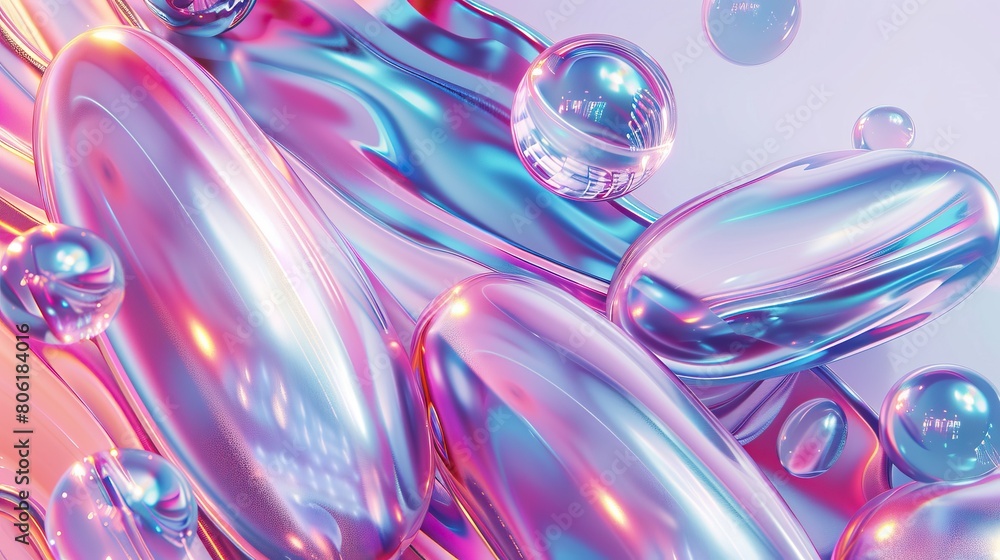 A vibrant digital artwork featuring abstract liquid shapes and floating spheres with iridescent colors