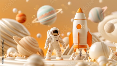 Tiny Astronaut with Rocket in Cartoon Space Scene