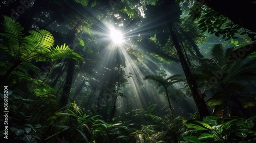 The sun shines down on the forest, photography, rainforest.