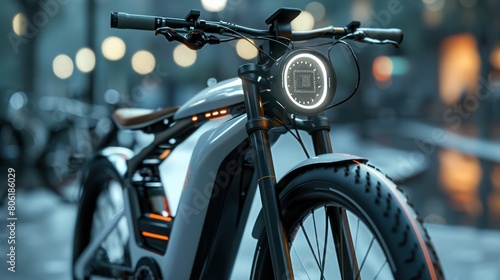 A futuristic motorcycle with a sleek design and a bright headlight.