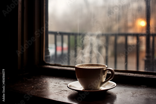 Steaming cup of coffee on window sill. Generative AI