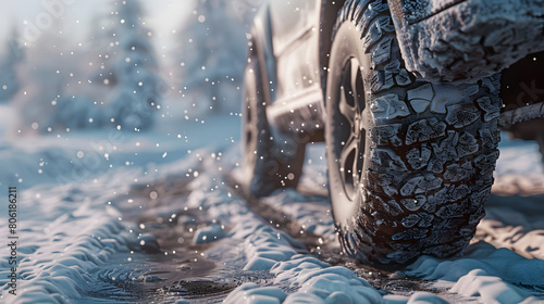 Close up of Car s Knobby Snow Tires on Rugged Snowy Terrain photo