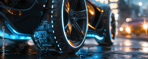 Futuristic Hovering Car with Flat Tire on Glowing Anti Grav Discs in Nighttime City Street photo
