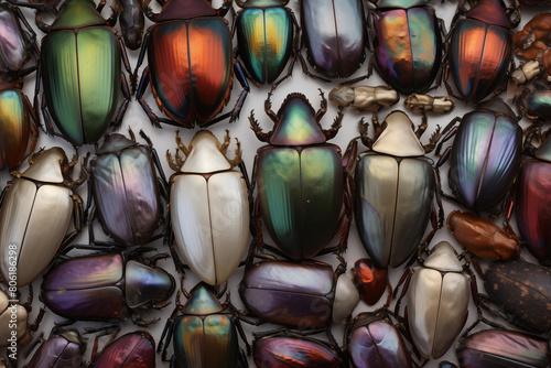 Colorful array of iridescent beetle shells, arranged in a captivating display of natural colors. Generative AI photo