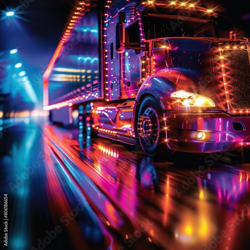 A long exposure photo of a semi truck with glowing lights driving through the rain at night. photo
