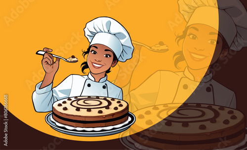Premium vector of woman mascot, confectioner cartoon, woman with cake tray