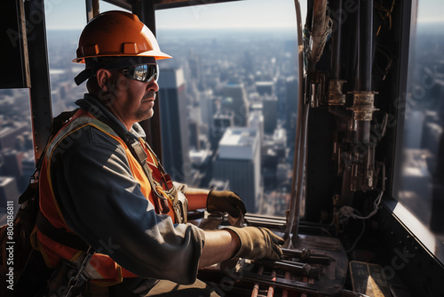 Crane operator high above ground, captured in candid moment as they focus intently on their task below. Generative AI