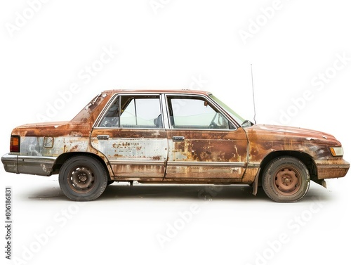 old vehicle with rust without hubcap on white background