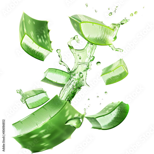 Pieces of aloe vera and flying gel, on a transparent background. Suitable for cosmetics photo