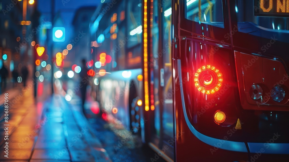 A red bus drives through a busy city street at night. The bus is in focus, while the background is blurred with bokeh lights. A red bus drives through a busy city street at night. The bus is in focus, while the background is blurred with bokeh lights.