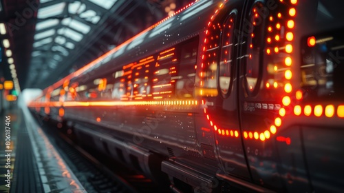 A sleek and futuristic train with glowing red lights speeds through a modern station.