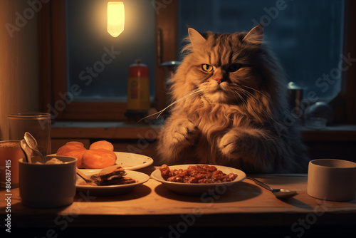 Hungry cat savoring homemade food in a living room in the evening. Generative AI photo