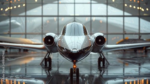 A sleek private jet sits in a hangar, ready to take its passengers on their next adventure.