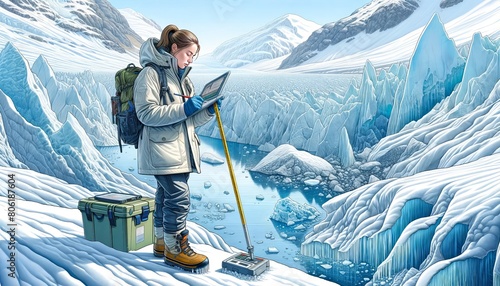 A glaciologist studies glacier dynamics in icy terrain, gathering crucial data on climate impact. photo
