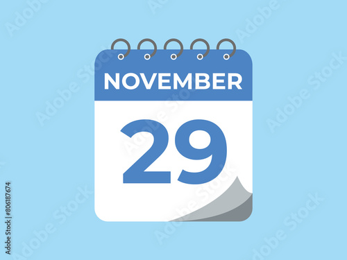 November  29 calendar reminder. 29 November  daily calendar icon template. Calendar 29 November  icon Design template. Vector illustration
