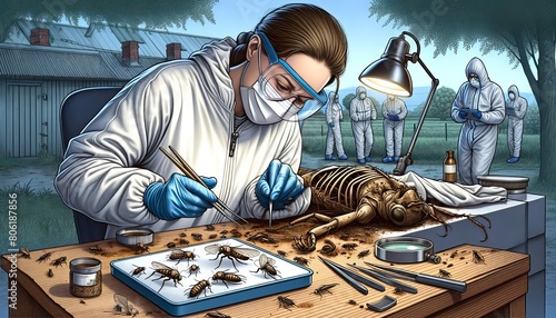 A forensic entomologist examines insects at a crime scene to help determine the time of death. photo