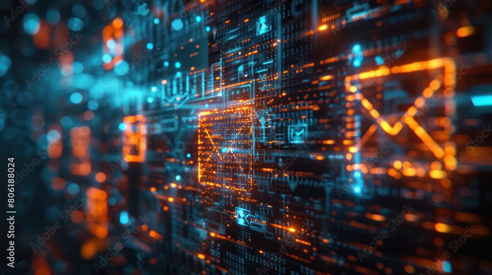 Fototapeta premium circuit board with glowing blue and orange lights