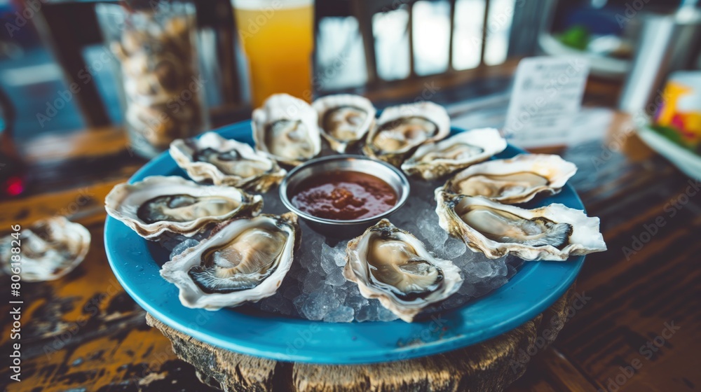 Blue plate topped with oysters next to a glass of orange juice Blue plate topped with oysters next to a glass of orange juice
