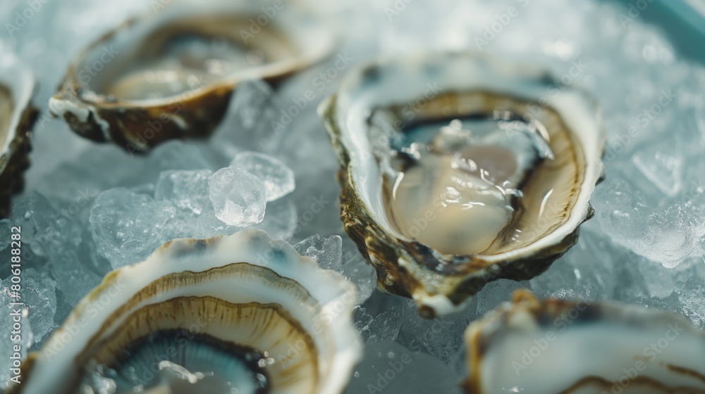 A bunch of oysters resting on a bed of ice A bunch of oysters resting on a bed of ice