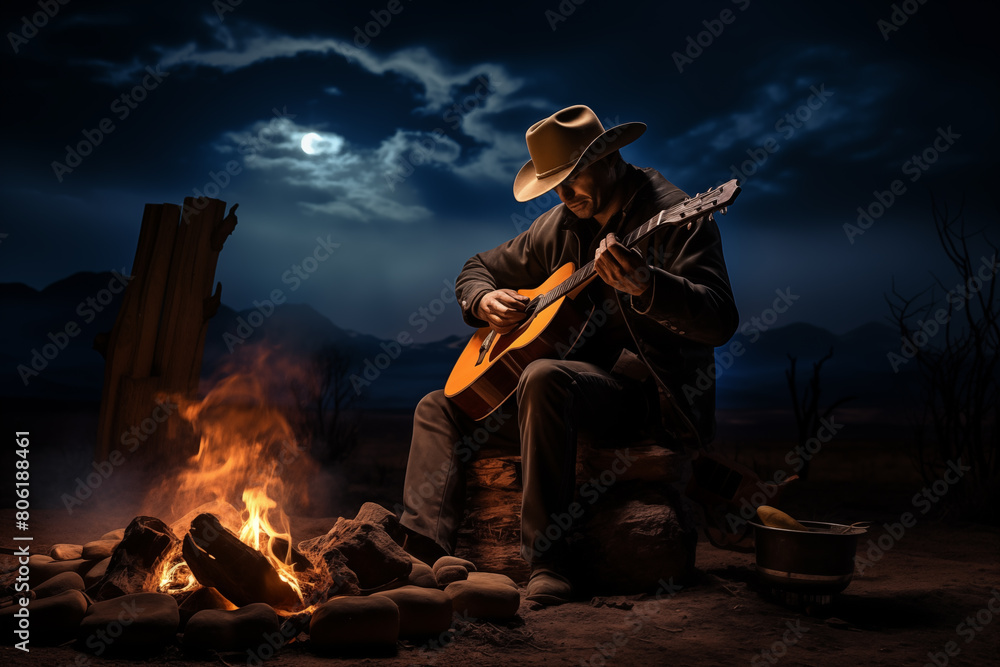 True cowboy kneeling by a campfire under a starry sky and strumming a guitar. Generative AI