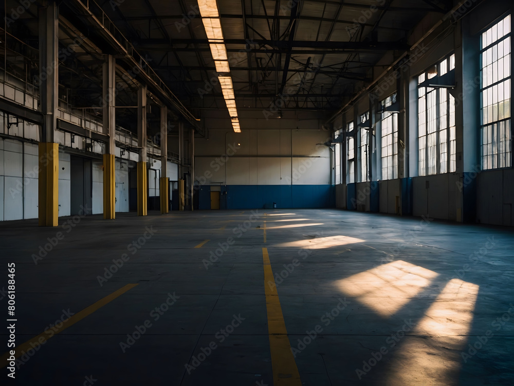 Evoking the ambiance of an empty warehouse with bold lighting, casting shadows and highlights to enhance the industrial aesthetic of the space