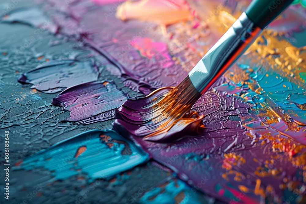 Paintbrush with purple paint on textured canvas