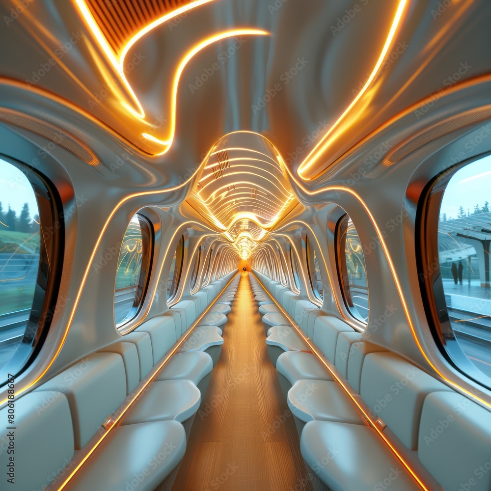 Futuristic train interior with glowing orange lights