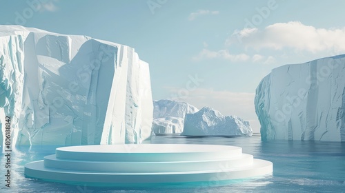 White podium with the background of icebergs,A serene scene of a massive iceberg with its reflection in the still blue waters under a pale sky, conveying tranquility ,Beautiful shot of icebergs  © najeeb