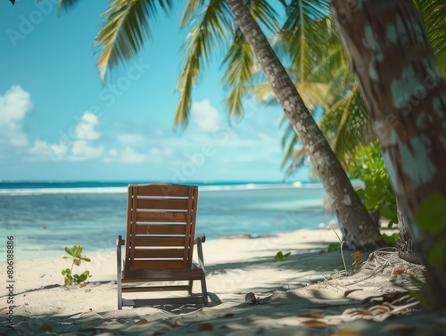 wooden deck chair under palm trees in a white sandy beach © BALLERY ART