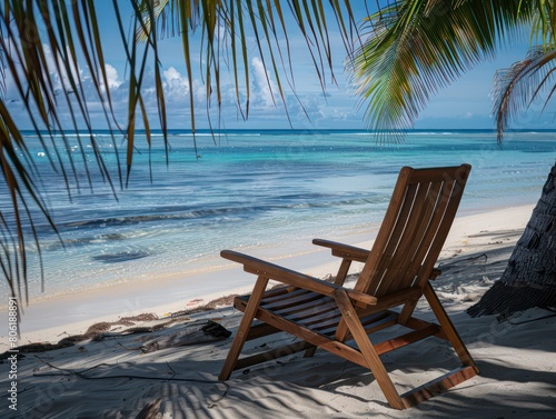 wooden deck chair under palm trees in a white sandy beach