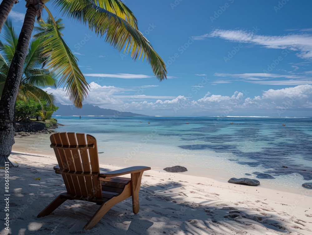 wooden deck chair under palm trees in a white sandy beach