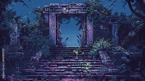 Pixel art illustration of ancient mystical gateway amidst night flora, Concept of fantasy exploration, digital artistry photo