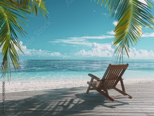 wooden deck chair under palm trees in a white sandy beach