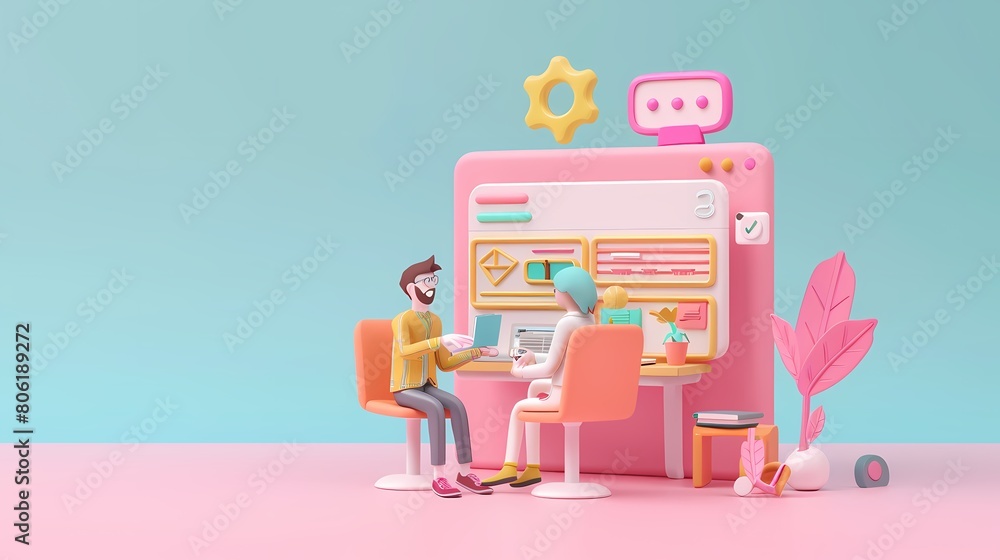 Two animated characters having a consultation at a futuristic pink service booth Two animated characters having a consultation at a futuristic pink service booth