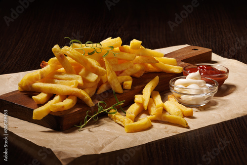 A pile of French fries served on a wooden board with mayonnaise and ketchup.