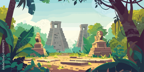 Ancient Aztec Temple and Pyramid Ruins: Vector Cartoon Illustration
