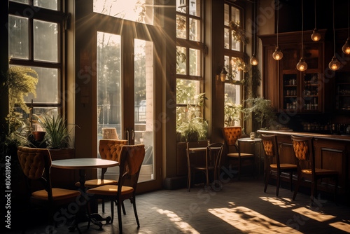 Coffee shop with sunlight streaming through the windows. Generative AI