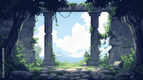 Digital pixel art of serene ancient ruins gateway  lush greenery foreground  Concept of tranquility and past civilizations