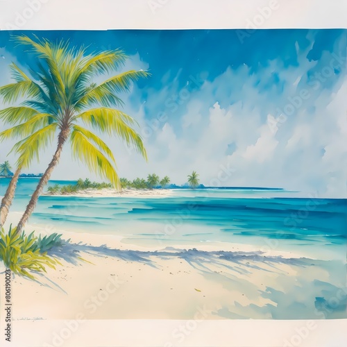 Summer background palms, sky and sea. gorgeous landscape, watercolor © Saba