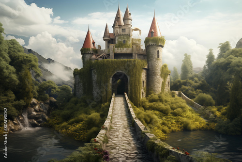 Fairytale castle atop a lush green hill, surrounded by a moat and drawbridge. Generative AI photo