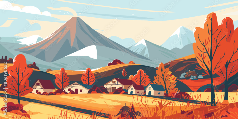 Φωτογραφία Autumn Countryside Landscape with Mountain and Village Houses: Vector Cartoon Il
