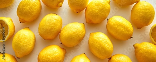 Scatter of lemons emphasizing their rich yellow on a crisp white base photo