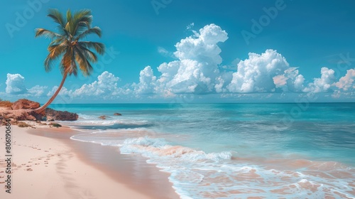 palm tree on tropical island beach on background blue sky with white clouds © BALLERY ART