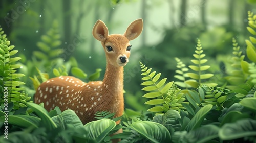 Graceful deer among green foliage on a forest green background