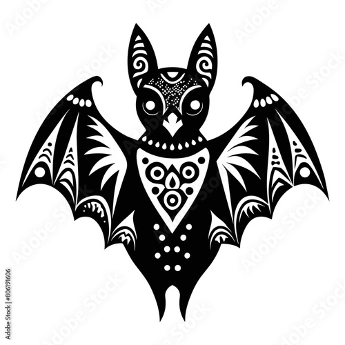 Design a vector silhouette of a bat adorned with intricate patterns inspired by traditional Mexican folk art