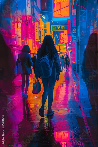 Vanishing Silhouettes: A Vibrant Nightscape of Anime-style Youth in Neon-Lit Urban Labyrinth